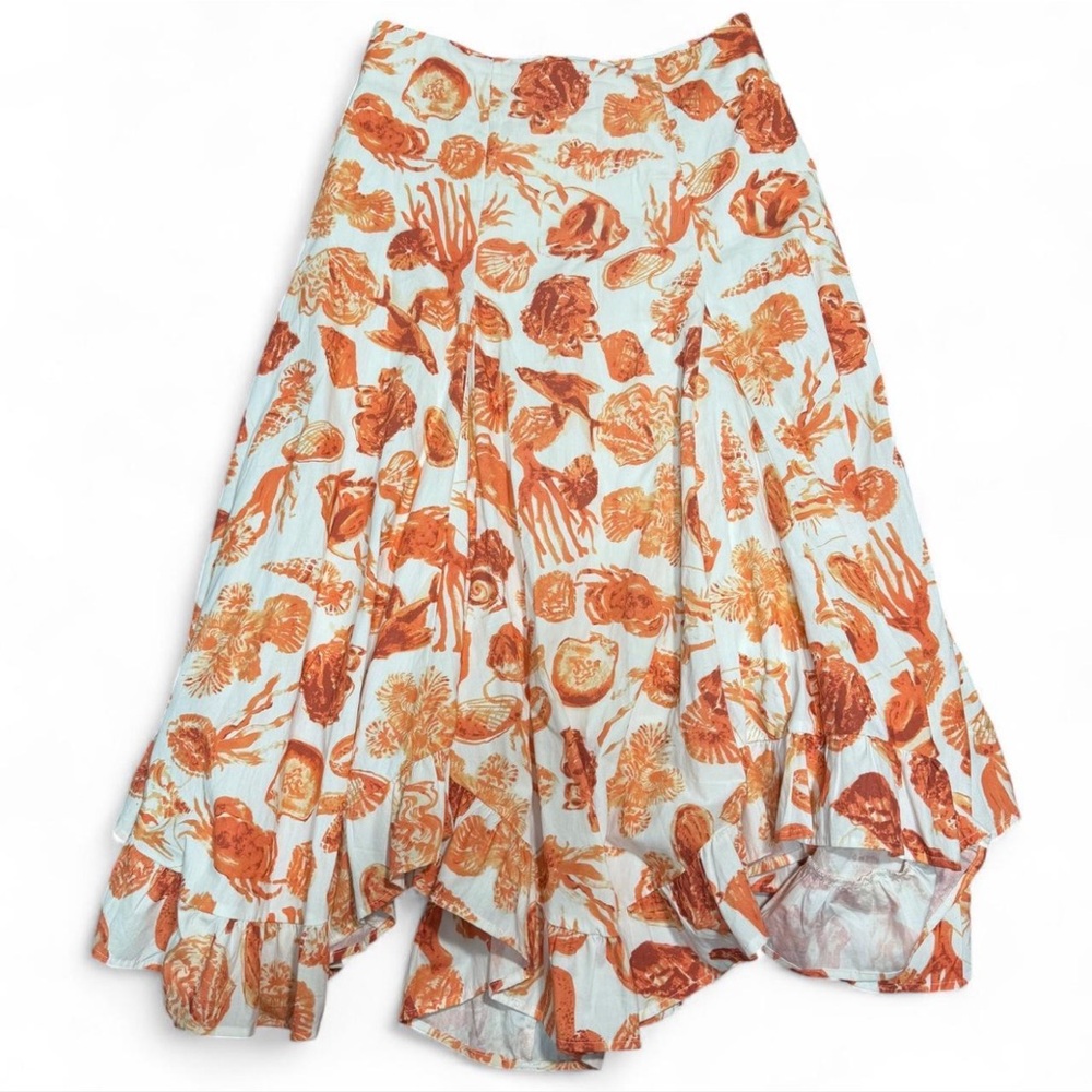 Maeve Anthropologie White Midi Skirt with Orange seashells, coral, marine life - Picture 2 of 6